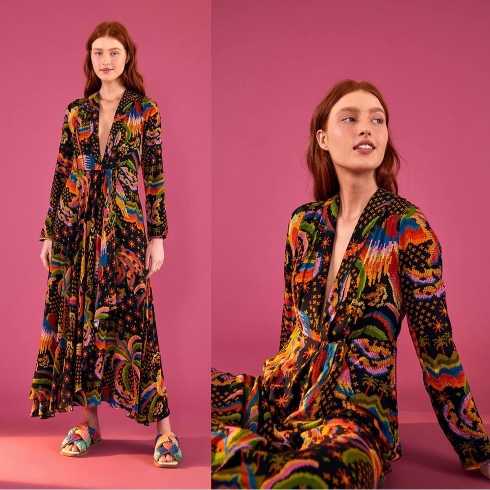 Farm Rio • Macaw Island Dress long sleeve maxi black cross stitch print - Picture 4 of 16